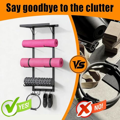 Yoga Mat Holder Wall Mount, Home Gym Storage Rack with Top Floating Shelf,Multifunctional Storage Rack for Yoga Mats, Foam Rollers, Resistance Bands, Home Gym Storage Organizer in Saudi Arabia