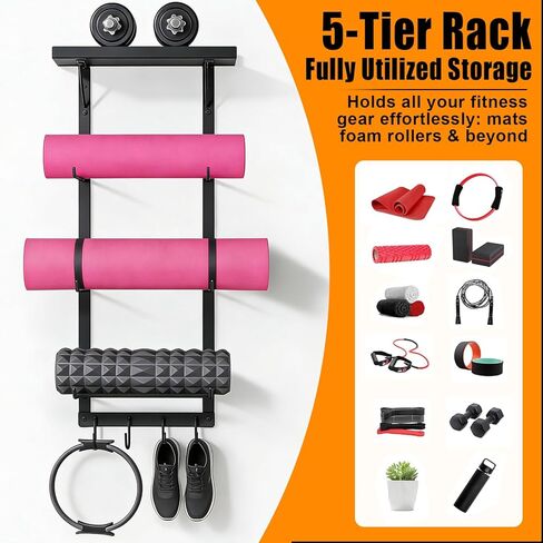 Yoga Mat Holder Wall Mount, Home Gym Storage Rack with Top Floating Shelf,Multifunctional Storage Rack for Yoga Mats, Foam Rollers, Resistance Bands, Home Gym Storage Organizer in Saudi Arabia