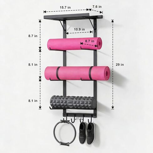 Yoga Mat Holder Wall Mount, Home Gym Storage Rack with Top Floating Shelf,Multifunctional Storage Rack for Yoga Mats, Foam Rollers, Resistance Bands, Home Gym Storage Organizer in Saudi Arabia