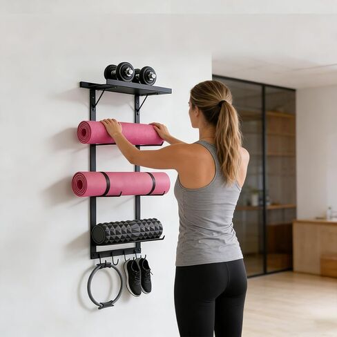 Yoga Mat Holder Wall Mount, Home Gym Storage Rack with Top Floating Shelf,Multifunctional Storage Rack for Yoga Mats, Foam Rollers, Resistance Bands, Home Gym Storage Organizer in Saudi Arabia