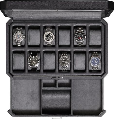 ROTHWELL 12 Slot Leather Watch Box with Valet Drawer - 12 Slot Luxury Watch Case Display Organizer, Microsuede Liner, Mens Accessories Holder, Jewelry Case, Jewelry Display Organizer (Tan/Brown) in Kuwait