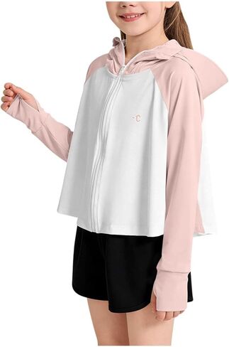 Sun Hoodie Girls Rash Guard Long Sleeve Shirt UV Protection Clothing Full Zip Up Hooded Fishing Shirts with Thumb Holes in Kuwait