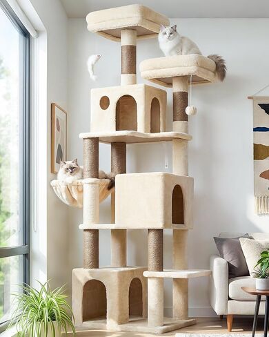 Cat Tree Tall, 71 inches Cat Tower for Indoor Adult Cats Multi-Level 3 Condos for Indoor Cats XL Cat Tree Tower with Scratching Posts, Soft Extra Large Hanging Basket, F71, Dark Gray in Kuwait