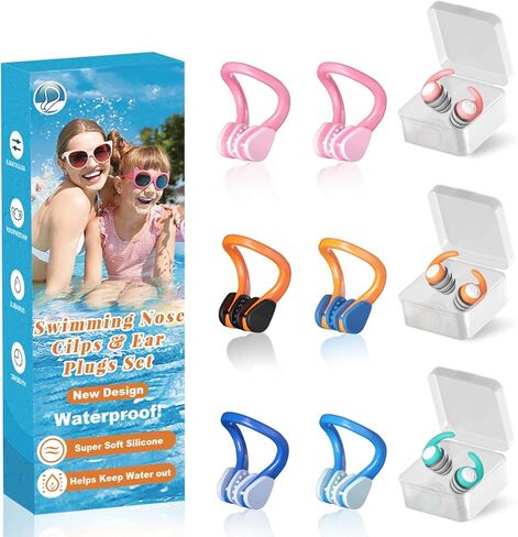 Swimming Nose Clip Ear Plugs - 9 Packs Silicone Swim Nose Plugs with Earplugs for Kids,Waterproof Pool Nose Plug for Diving Surfing and Other Water Sports with Storage Box,Multi-Color in Kuwait