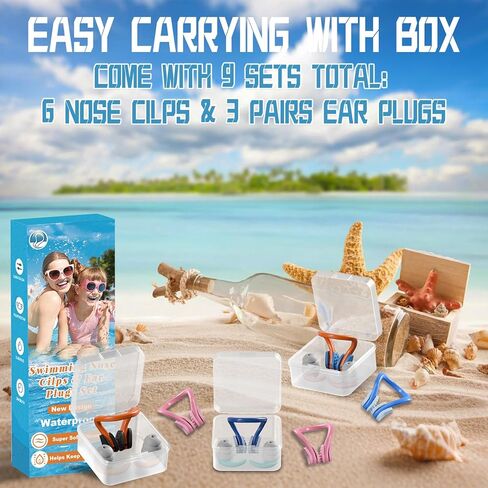 Swimming Nose Clip Ear Plugs - 9 Packs Silicone Swim Nose Plugs with Earplugs for Kids,Waterproof Pool Nose Plug for Diving Surfing and Other Water Sports with Storage Box,Multi-Color in Kuwait