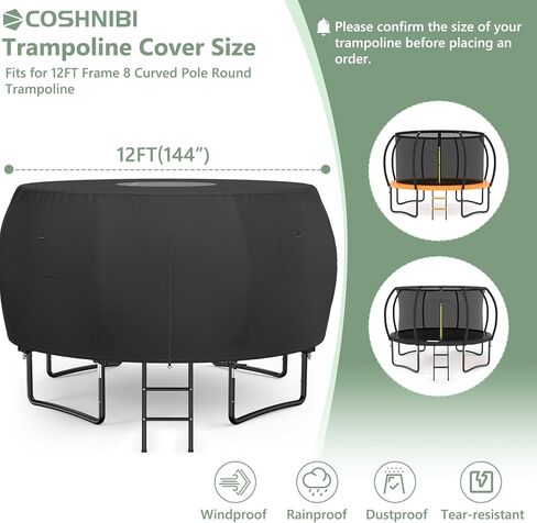 COSHNIBI Outdoor Round Trampoline Cover,Trampoline Tent 12FT Suitable for 8 Curved Pole Round Trampoline, Black(Cover Only) in Saudi Arabia