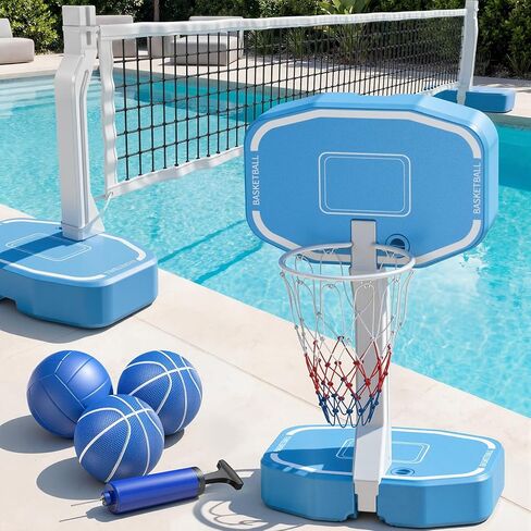 Pool Volleyball Net&Pool Basketball Hoop 2 in 1,Pool Volleyball Net for Inground pools,Pool Basketball Hoop Poolside with Base&Stand，Includes 3 Balls/2 Base/Pump, Summer Outdoor Pool Games for Adults in Kuwait