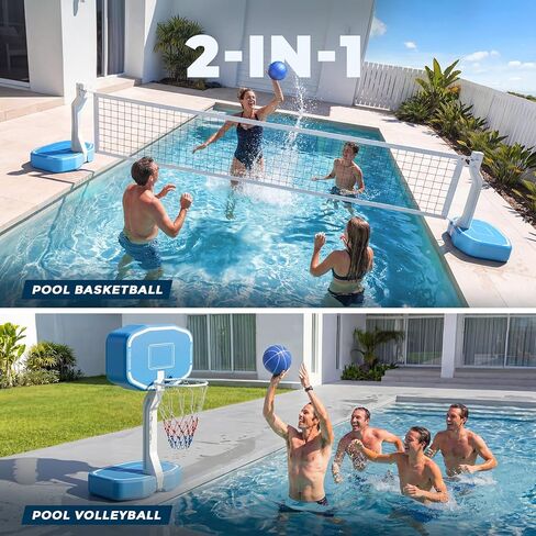 Pool Volleyball Net&Pool Basketball Hoop 2 in 1,Pool Volleyball Net for Inground pools,Pool Basketball Hoop Poolside with Base&Stand，Includes 3 Balls/2 Base/Pump, Summer Outdoor Pool Games for Adults in Kuwait