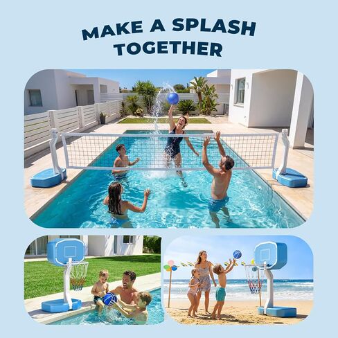 Pool Volleyball Net&Pool Basketball Hoop 2 in 1,Pool Volleyball Net for Inground pools,Pool Basketball Hoop Poolside with Base&Stand，Includes 3 Balls/2 Base/Pump, Summer Outdoor Pool Games for Adults in Kuwait