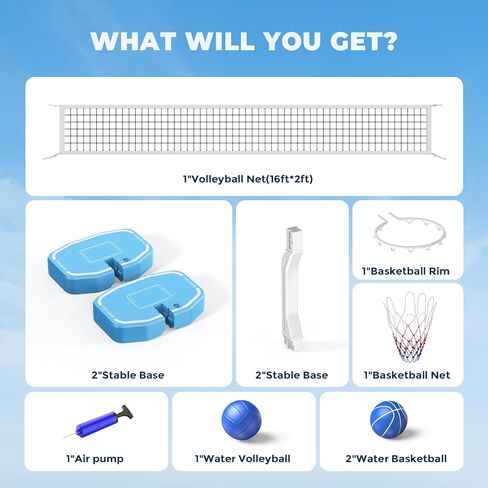 Pool Volleyball Net&Pool Basketball Hoop 2 in 1,Pool Volleyball Net for Inground pools,Pool Basketball Hoop Poolside with Base&Stand，Includes 3 Balls/2 Base/Pump, Summer Outdoor Pool Games for Adults in Kuwait
