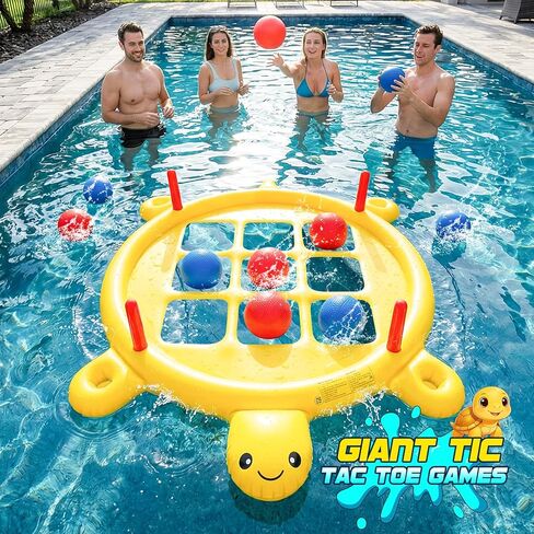 مجموعة ألعاب ألعاب حمام السباحة 2 في 1 قابلة للنفخ مع 10 كرات و10 حلقات للبالغين والمراهقين والأطفال، تيك تاك تو عملاقة عائمة مع حامل أكواب، حلقة إرم، لعبة يومية كبيرة في ساحة الكرنفال in Kuwait