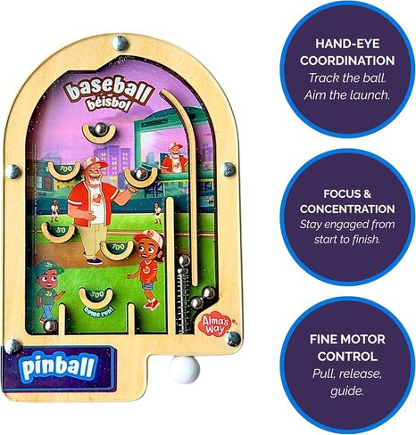 لعبة الكرة والدبابيس الخشبية من Upbounders® Alma's Way™ Baseball-Béisbol، لعبة سفر محمولة باليد للأطفال من عمر 3 سنوات فما فوق، موضوع رياضي ثنائي اللغة in Kuwait