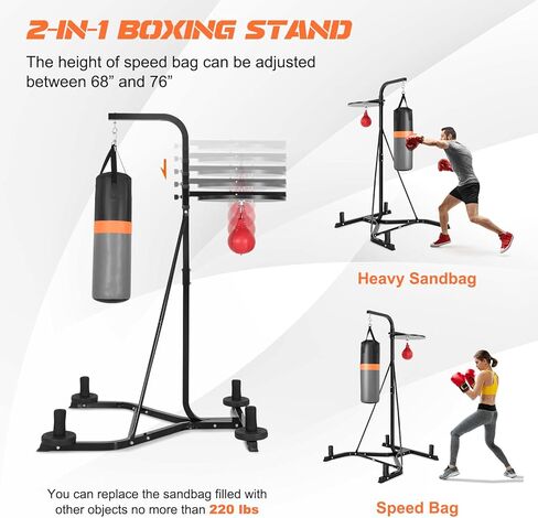 حامل كيس ملاكمة 2 في 1 للبالغين، حامل حقيبة ثقيلة مع حقيبة سرعة قابلة لضبط الارتفاع، قاعدة مرجحة تحمل ما يصل إلى 220 رطلاً، معدات ملاكمة قائمة بذاتها للتدريب المنزلي واللياقة البدنية والفنون القتالية المختلطة in Kuwait