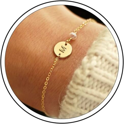 Turandoss Gold Initial Bracelets for Women - Personalized Gold Bracelets for Women Teen Girls Initial Pearl Bracelets for Girls Gifts Disc Monogram Bracelets Gold Jewelry for Women Teen Girl Gifts in Kuwait