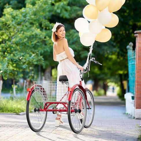 دراجة ثلاثية العجلات للبالغين، دراجة ثلاثية العجلات مقاس 24/26 بوصة ذات سرعة واحدة، 3 دراجات ذات عجلات مع سلة كبيرة للنساء والرجال، دراجات ثلاثية للبالغين للتسوق والنزهات والرياضات الخارجية (24 أحمر) in Kuwait