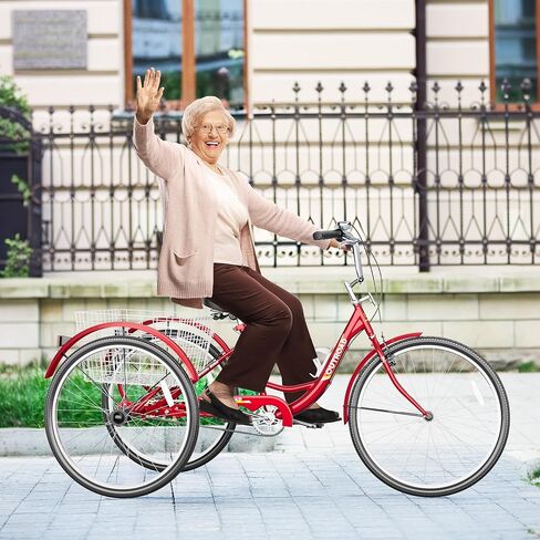 دراجة ثلاثية العجلات للبالغين، دراجة ثلاثية العجلات مقاس 24/26 بوصة ذات سرعة واحدة، 3 دراجات ذات عجلات مع سلة كبيرة للنساء والرجال، دراجات ثلاثية للبالغين للتسوق والنزهات والرياضات الخارجية (24 أحمر) in Kuwait