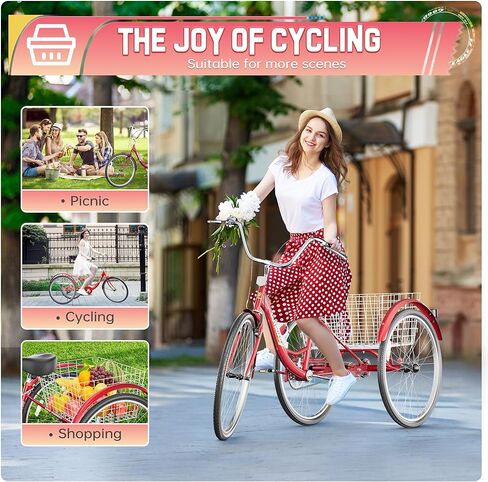 دراجة ثلاثية العجلات للبالغين، دراجة ثلاثية العجلات مقاس 24/26 بوصة ذات سرعة واحدة، 3 دراجات ذات عجلات مع سلة كبيرة للنساء والرجال، دراجات ثلاثية للبالغين للتسوق والنزهات والرياضات الخارجية (24 أحمر) in Kuwait