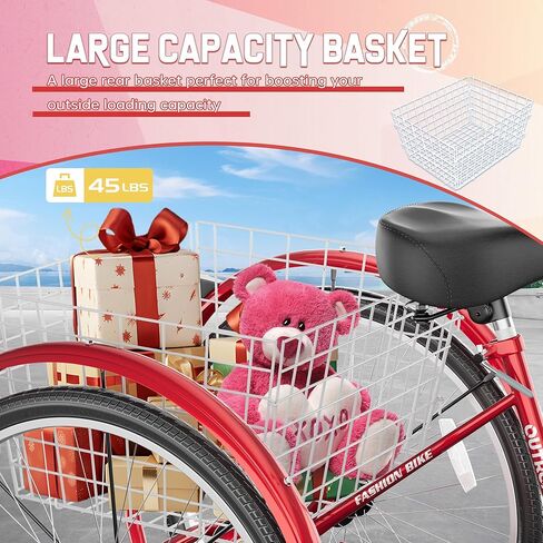 دراجة ثلاثية العجلات للبالغين، دراجة ثلاثية العجلات مقاس 24/26 بوصة ذات سرعة واحدة، 3 دراجات ذات عجلات مع سلة كبيرة للنساء والرجال، دراجات ثلاثية للبالغين للتسوق والنزهات والرياضات الخارجية (24 أحمر) in Kuwait