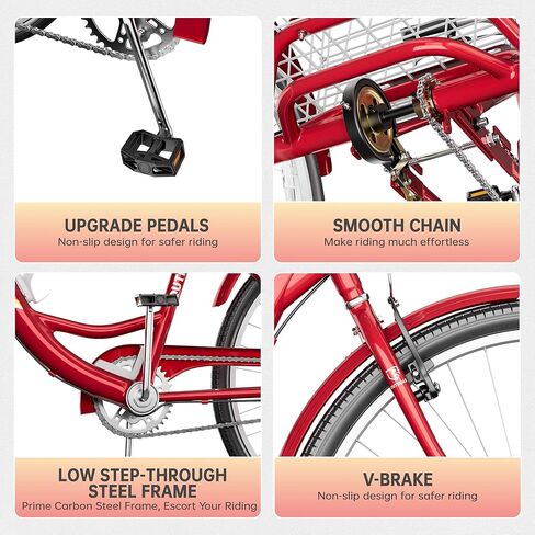 دراجة ثلاثية العجلات للبالغين، دراجة ثلاثية العجلات مقاس 24/26 بوصة ذات سرعة واحدة، 3 دراجات ذات عجلات مع سلة كبيرة للنساء والرجال، دراجات ثلاثية للبالغين للتسوق والنزهات والرياضات الخارجية (24 أحمر) in Kuwait