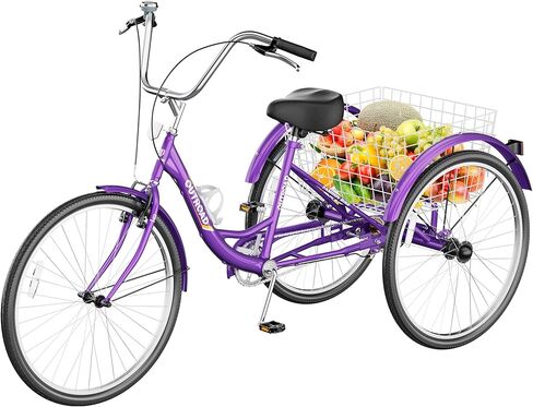 دراجة ثلاثية العجلات للكبار مع سلة كبيرة مقاس 24/26 بوصة، دراجة كروز ثابتة بثلاث عجلات للتسوق والشاطئ والمدينة مثالية للرجال والنساء وكبار السن (أزرق/أرجواني/أحمر) in Kuwait