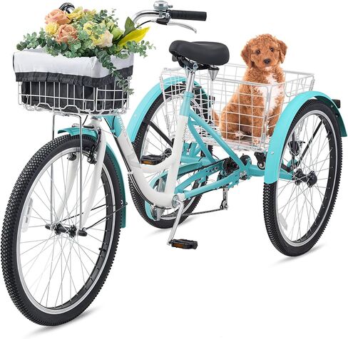 VIRIBUS Tricycle for Adults, 7 Speed Adult Tricycles for Women Seniors Men with Front and Rear Removable Wheeled Baskets, 3 Wheel Bikes 26 inch 400 lb. Capacity for Obese People, Three Wheeler in Kuwait