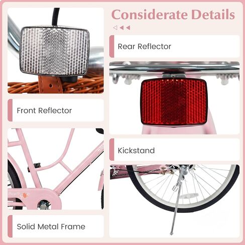 Goplus Beach Cruiser Bike for Women, 24/26-Inch Commuter Bike w/Adjustable Seat, Cup Holder, Basket, Rear Rack, Front Rear Reflectors, City Bicycle for Adults Ladies in Saudi Arabia