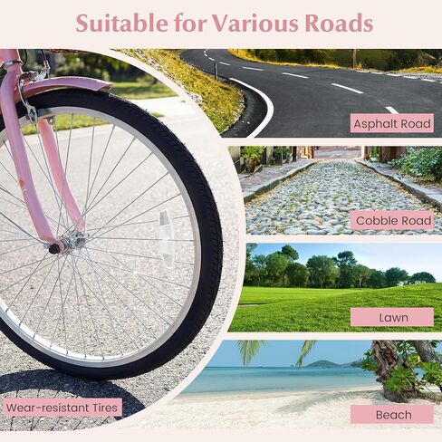 Goplus Beach Cruiser Bike for Women, 24/26-Inch Commuter Bike w/Adjustable Seat, Cup Holder, Basket, Rear Rack, Front Rear Reflectors, City Bicycle for Adults Ladies in Saudi Arabia