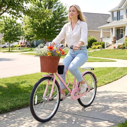 Goplus Beach Cruiser Bike for Women, 24/26-Inch Commuter Bike w/Adjustable Seat, Cup Holder, Basket, Rear Rack, Front Rear Reflectors, City Bicycle for Adults Ladies in Saudi Arabia