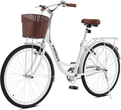VIRIBUS Beach Cruiser Bike for Women, Single Speed Womens Bike with Basket & Rack 24 26 inch, Retro Step Through Cruiser Bicycle for Petite Short Women Female Ladies City Commuter, 330 lb. in Kuwait