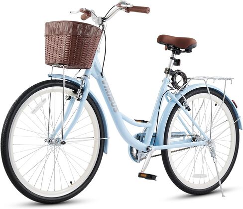 VIRIBUS Beach Cruiser Bike for Women, Single Speed Womens Bike with Basket & Rack 24 26 inch, Retro Step Through Cruiser Bicycle for Petite Short Women Female Ladies City Commuter, 330 lb. in Saudi Arabia