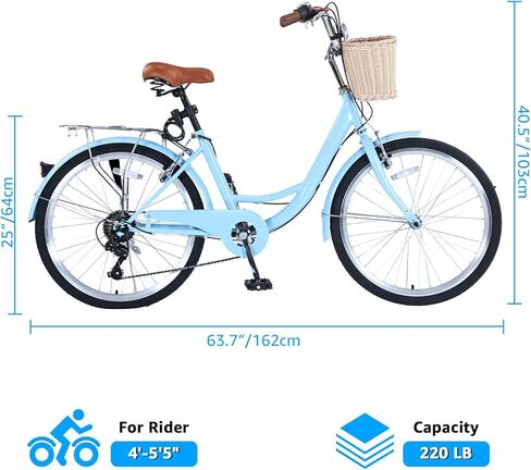 دراجة شاطئية للسيدات، مبدلات ملتوية بـ 7 سرعات، عجلات مقاس 24 بوصة مع سلة أمامية من الخيزران، مقعد قابل للتعديل ورف خلفي، دراجة ركاب في المدينة للبالغين in Kuwait