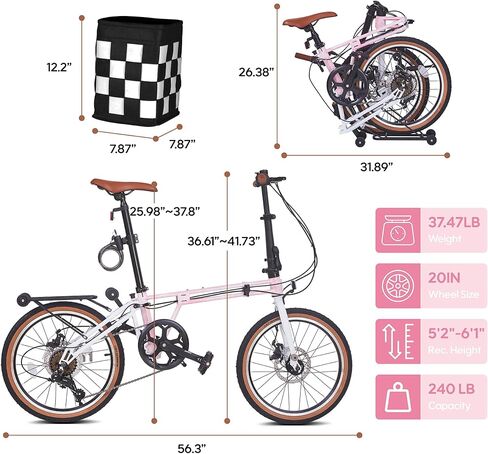 20 Inch Folding Bike for Adults, 7-Speed Foldable Bike for Women & Men, Foldable Bicycle with Dual Disc Brake, Portable Commuter City Bikes with Adjustable Saddle in Saudi Arabia