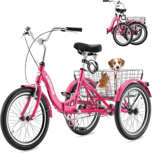 VIRIBUS Folding Tricycle for Adults, 20 inch Foldable Adult Tricycle 1 or 7 Speed Speed with Basket, Folding 3 Wheel Bikes for Adults Senior Women Men, Collapsible Mini Trike, Three Wheeler 330lb. in Kuwait