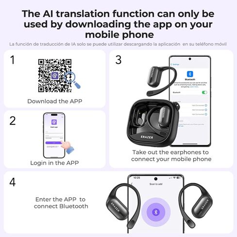 ERAZER AI Translation Earbuds Real Time, LCD Touch Screen Language Translator Earbuds for 134 Languages, 3-in-1 Bluetooth Translator Device with APP, Fit iOS &Android, Ideal for Travel Business in Kuwait