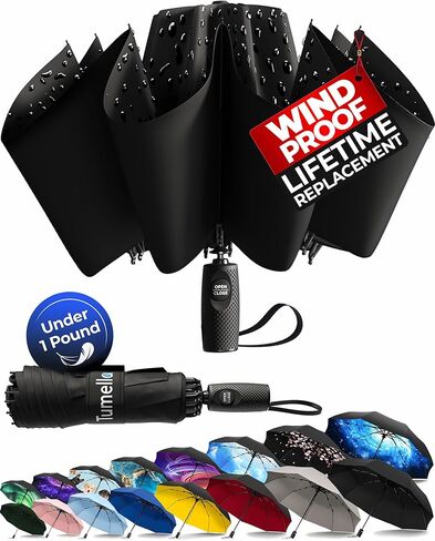 TUMELLA Flip-proof Inverted Travel Umbrella, Small Strong but Light Portable and Automatic Reverse Folding Rain Umbrella, Durable Premium Grip, Fits Car & Backpack in Kuwait