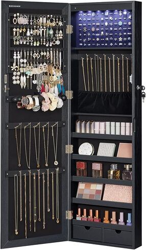 SONGMICS 6 LEDs Mirror Jewelry Cabinet, 47.2-Inch Tall Lockable Wall or Door Mounted Jewelry Armoire Organizer with Mirror, 2 Drawers, 3.9 x 14.6 x 47.2 Inches, White UJJC93W in Kuwait