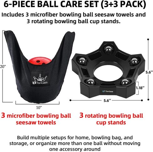 TonGass Bowling Seesaw Towel 3-Pack with Rotating Bowling Ball Cup 3-Pack, Microfiber Bowlings Ball Polisher Towels and Bowlings Bearing Spinner Cup Stands for Cleaning, Polishing & Storage - Black in Saudi Arabia