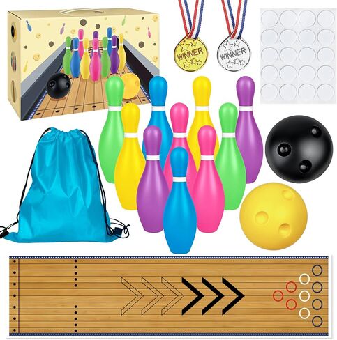 Mini Bowling Set Indoor Outdoor Indoor Bowling Set with Guide Arrow Mat Gold and Silver Medal Backpack Dispensing in Kuwait