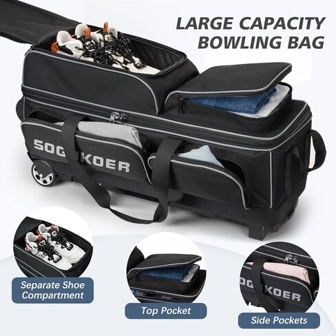 3 أكياس كرات بولينج بعجلات، أكياس بولينج ممتازة 3 كرات بولينج - أكسفورد مقوى 900D، حقيبة كرات بولينج مع حجرة كبيرة منفصلة للأحذية وجيب للملحقات in Kuwait