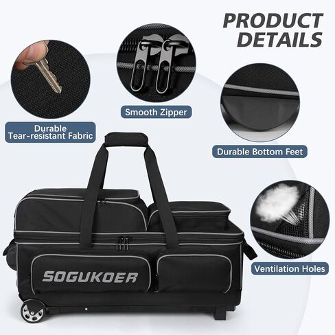 3 أكياس كرات بولينج بعجلات، أكياس بولينج ممتازة 3 كرات بولينج - أكسفورد مقوى 900D، حقيبة كرات بولينج مع حجرة كبيرة منفصلة للأحذية وجيب للملحقات in Kuwait
