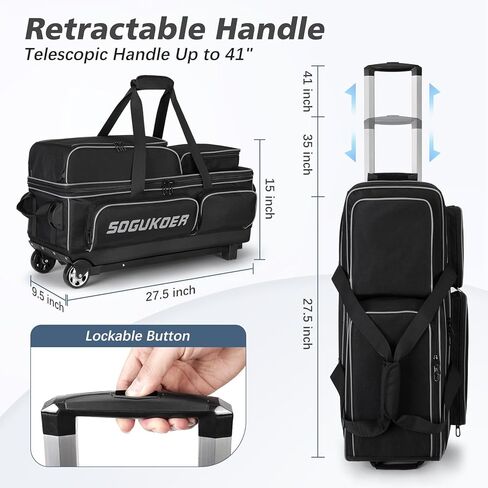 3 أكياس كرات بولينج بعجلات، أكياس بولينج ممتازة 3 كرات بولينج - أكسفورد مقوى 900D، حقيبة كرات بولينج مع حجرة كبيرة منفصلة للأحذية وجيب للملحقات in Kuwait