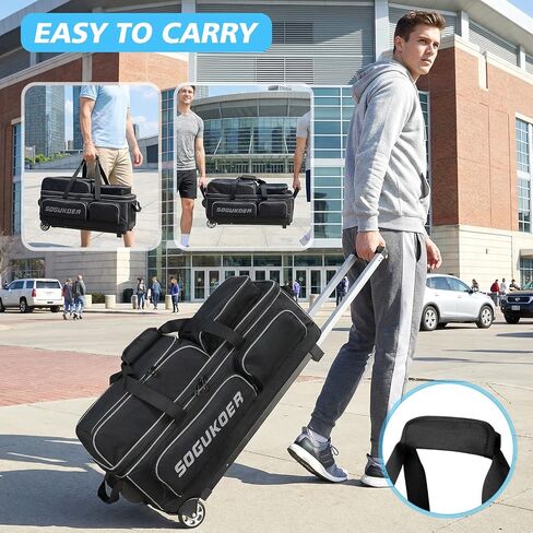 3 أكياس كرات بولينج بعجلات، أكياس بولينج ممتازة 3 كرات بولينج - أكسفورد مقوى 900D، حقيبة كرات بولينج مع حجرة كبيرة منفصلة للأحذية وجيب للملحقات in Kuwait