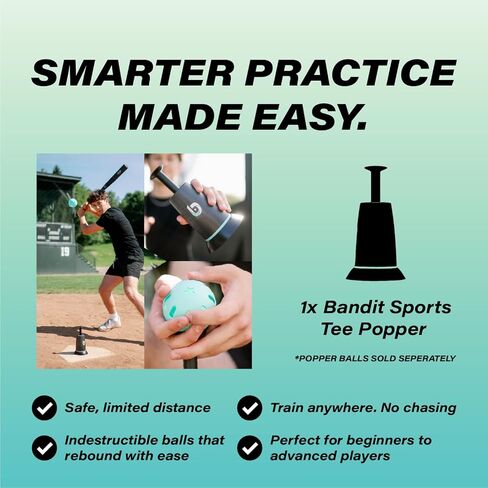 Bandit Sports Tee Popper, Durable Nylon Strength, Batting Tee for Perfect Swings, Baseball Training for Hitting Without a Pitcher 1 Popper Ball Included in Kuwait