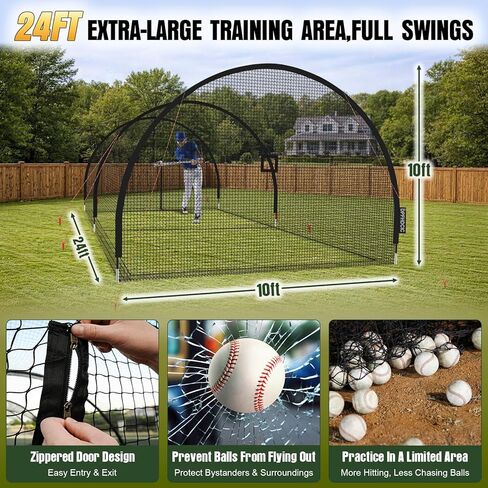 أقفاص مضرب البيسبول للفناء الخلفي 24 قدم × 10 قدم × 10 قدم شبكة قفص البيسبول والكرة اللينة مع باب بسحاب 4 طبقات شبكية معززة قفص مضرب محمول للتدريب في الفناء الخلفي وفي الهواء الطلق in Kuwait