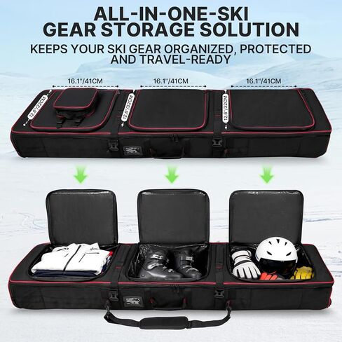 حقيبة تزلج بعجلات مع حقيبة أحذية قابلة للفصل، وحقيبة سفر مبطنة لمعدات التزلج على الجليد مقاس 165-177 سم، وحقيبة تزلج مقاومة للماء 900D in Kuwait