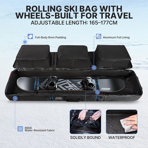 حقيبة تزلج بعجلات مع حقيبة أحذية قابلة للفصل، وحقيبة سفر مبطنة لمعدات التزلج على الجليد مقاس 165-177 سم، وحقيبة تزلج مقاومة للماء 900D in Kuwait