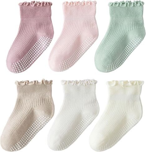 6 Pairs Toddler Ruffle Socks for Girls Baby Grip Socks Non Slip Socks Cute Grippy Frilly Socks in Saudi Arabia