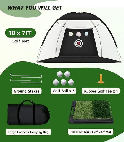 شبكة جولف لممارسة الضرب، شبكة تدريب جولف مقاس 10 × 7 أقدام مع حصيرة وهدف للفناء الخلفي، للاستخدام الداخلي والخارجي، شبكات قيادة للتقطيع والضرب والتأرجح والمكواة والسائق in Kuwait