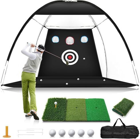 Golf Net, 10x7FT Home Golf Hitting Aids Equipment with Foldable Tri-Turf Mat for Backyard Driving Chipping Swing with Training Target/Balls/Tee for Outdoor Indoor, Gifts for Men Him Dad Golfers in Kuwait