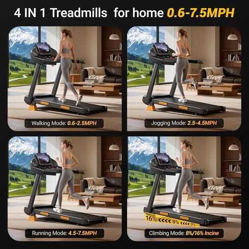 16% Incline Treadmill with Handle, 4-in-1 Foldable Treadmill with Triple-Screen Console, 3.0HP Quiet Brushless Treadmills for Home and Office Use, 400 LBS Capacity in Kuwait